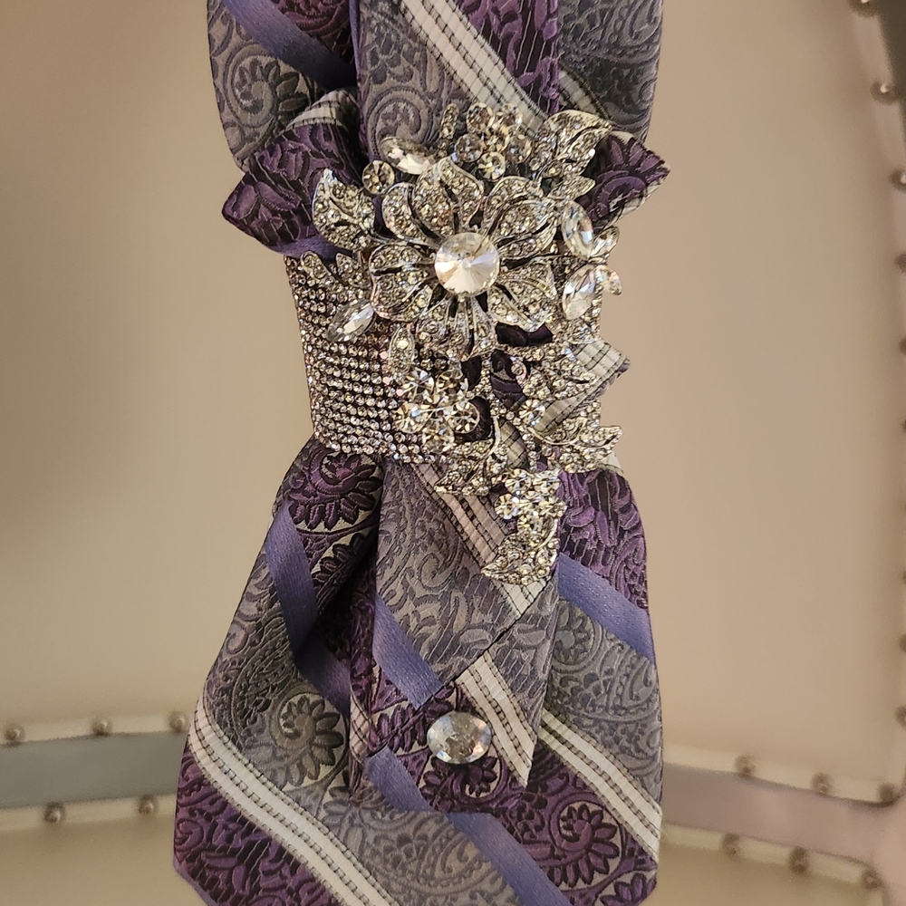 Hand Crafted Purple and Silver Floral Brooch Scarf